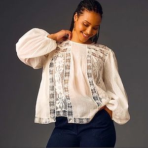 Anthropologie blouse 1X Forever That Girl ivory long-sleeve lace peasant blouse